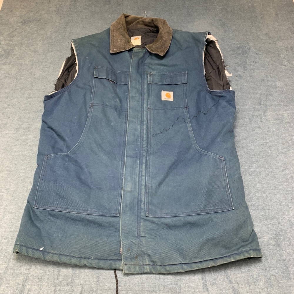Vintage Carhartt Vest Men 46 Tall Blue Duck Canvas Cotton Quilted Lined Full Zip